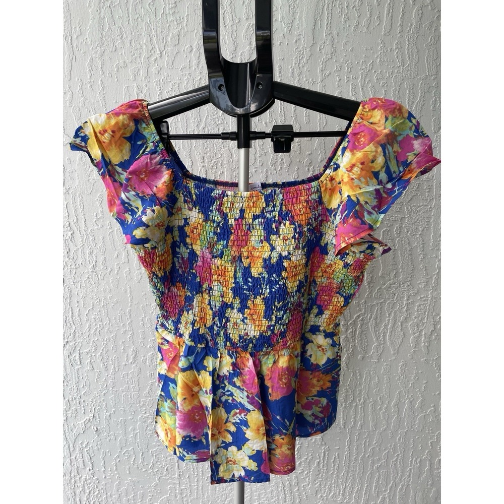 Emily Wonder Womens Floral Smocked Peplum Top Blue Pink Yellow Ruffle Sleeve M
